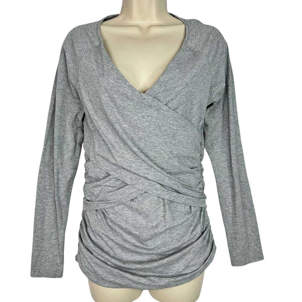 Sundance Vanessa Faux Wrap Top Womens M Gray Ruched Long Sleeve Stretch Knit